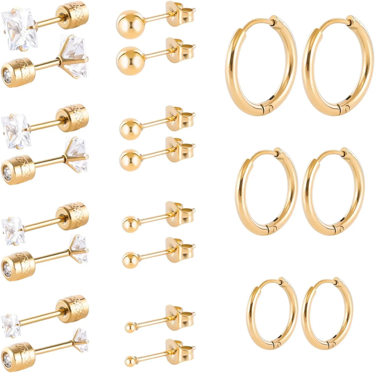 11 Pairs Screw Back Stud Hoop Earrings Set for Multiple Piercing, Surgical Stainless Steel CZ Stud Earrings For Women