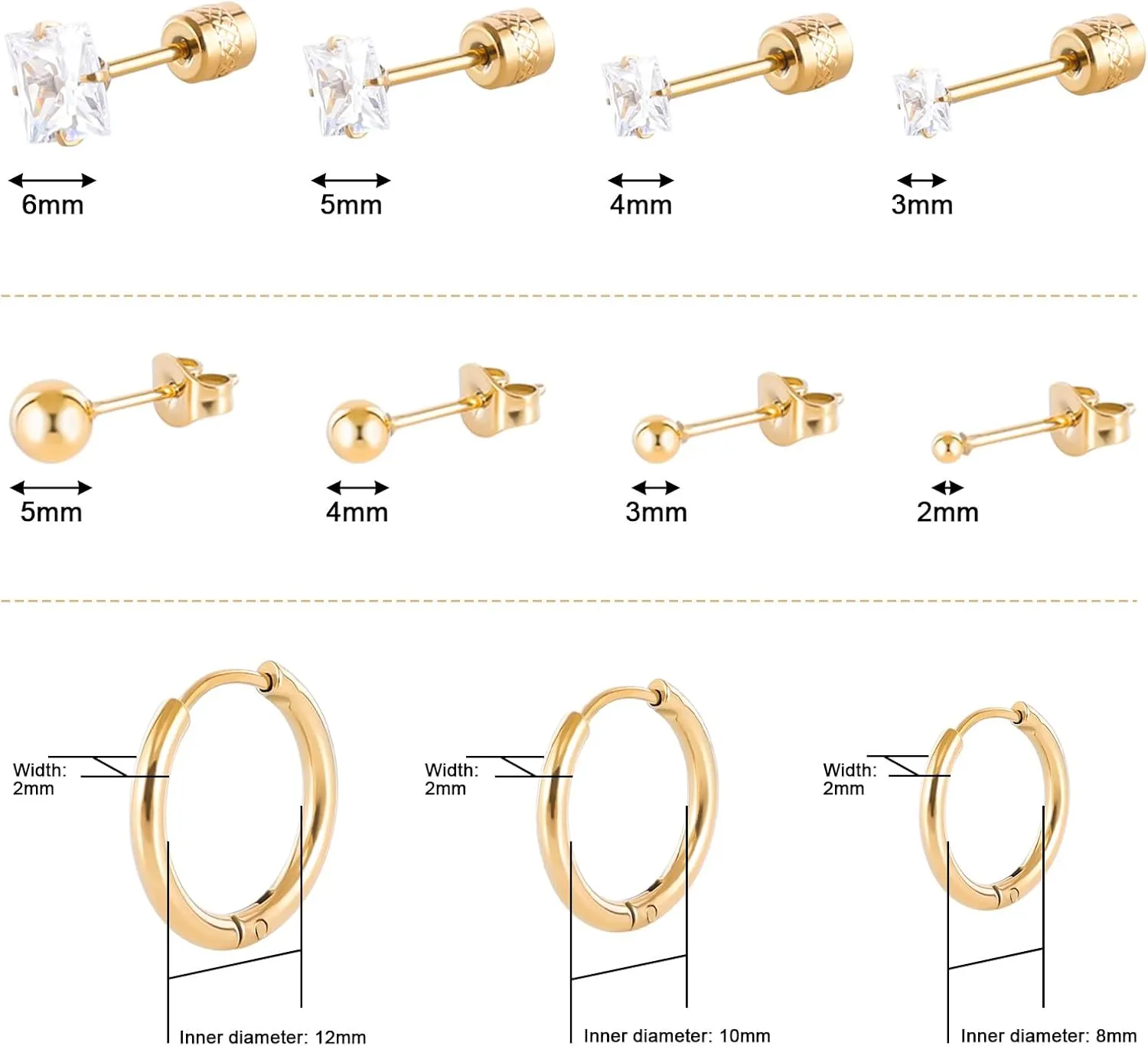 11 Pairs Screw Back Stud Hoop Earrings Set for Multiple Piercing, Surgical Stainless Steel CZ Stud Earrings For Women