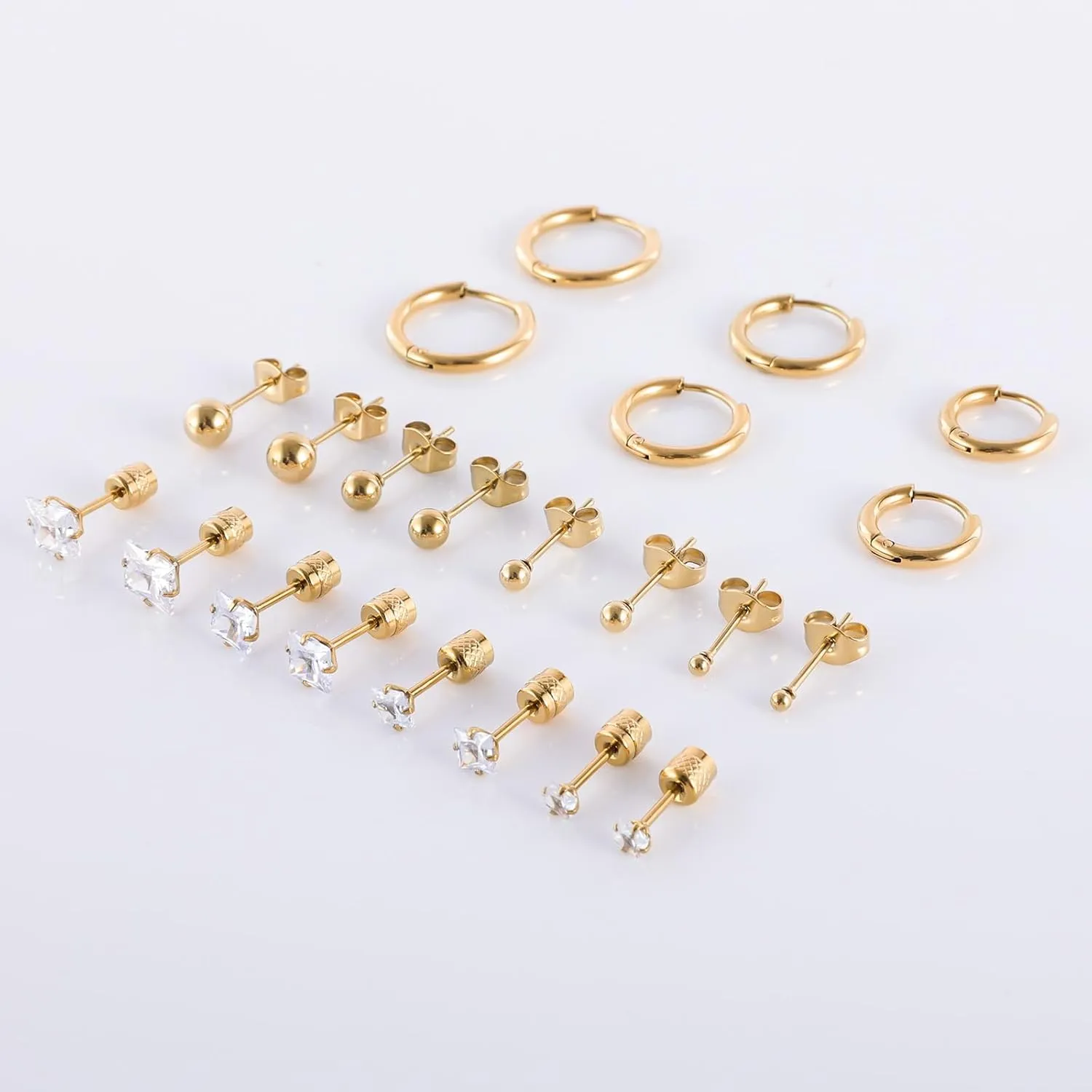 11 Pairs Screw Back Stud Hoop Earrings Set for Multiple Piercing, Surgical Stainless Steel CZ Stud Earrings For Women