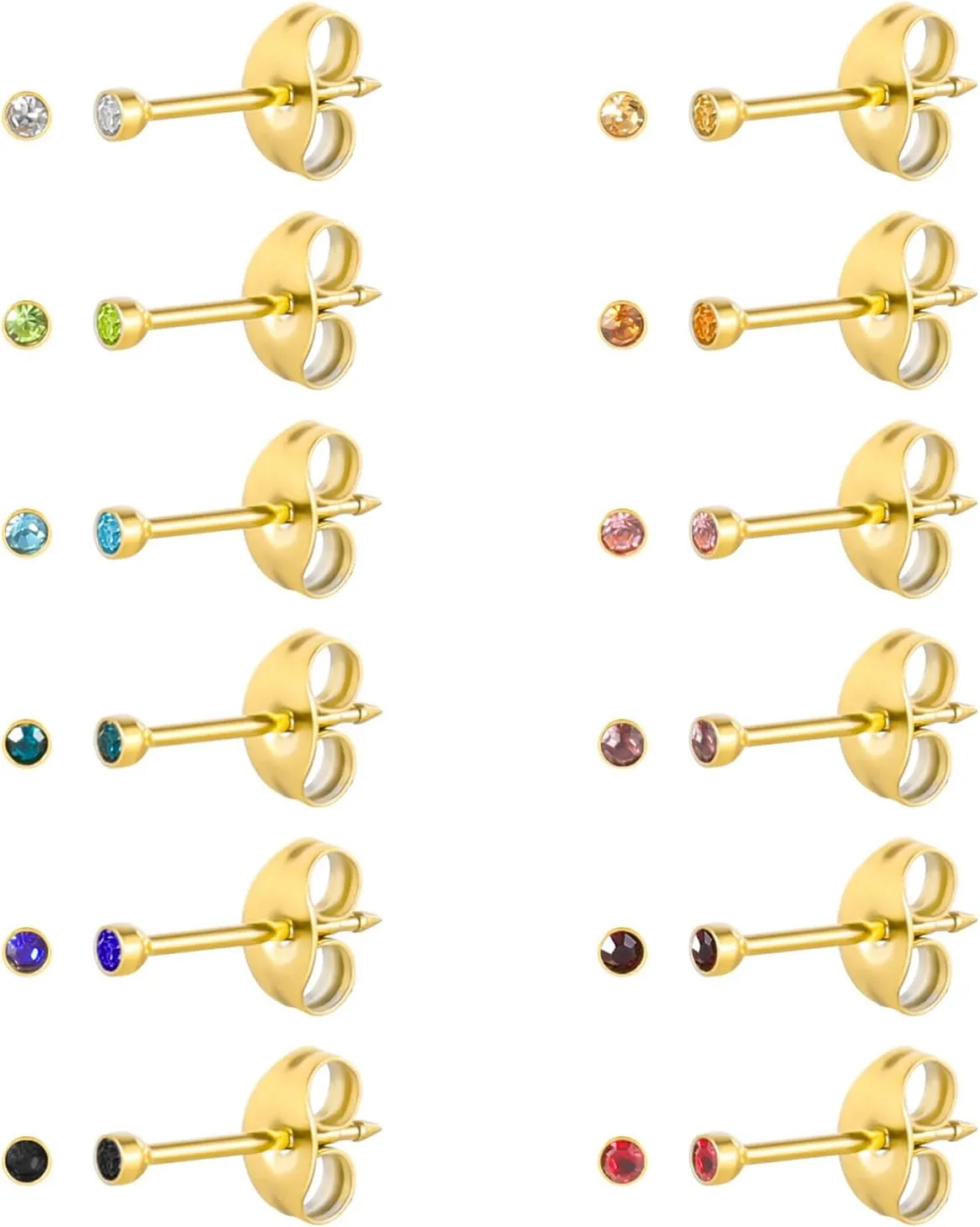 12 Pairs Ear Piercing Stud Earrings, Surgical Stainless Steel Multicolor Cubic Zirconia Birthstone Stud Earrings for Ear Piercing Guns