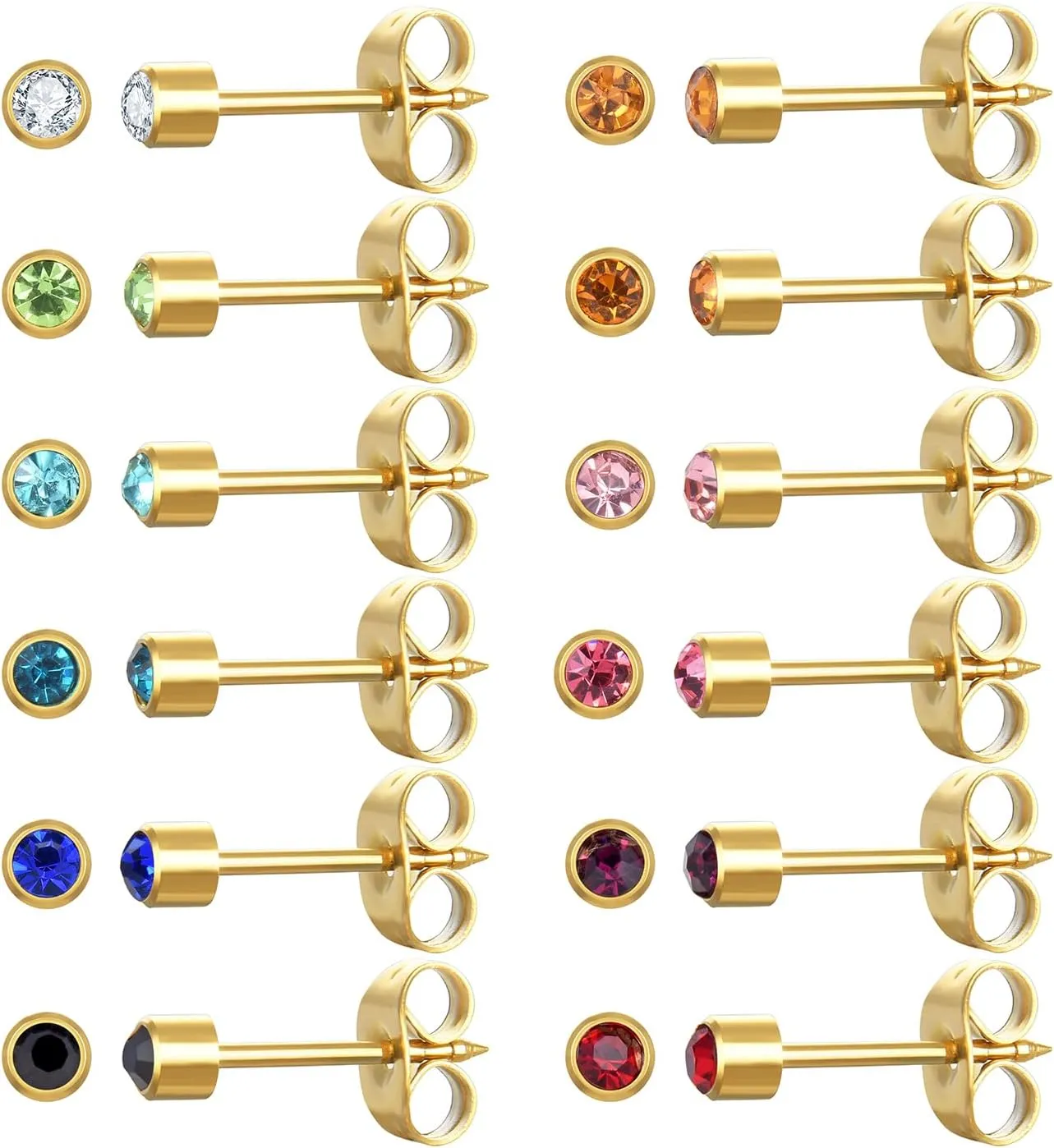 12 Pairs Ear Piercing Stud Earrings, Surgical Stainless Steel Multicolor Cubic Zirconia Birthstone Stud Earrings for Ear Piercing Guns