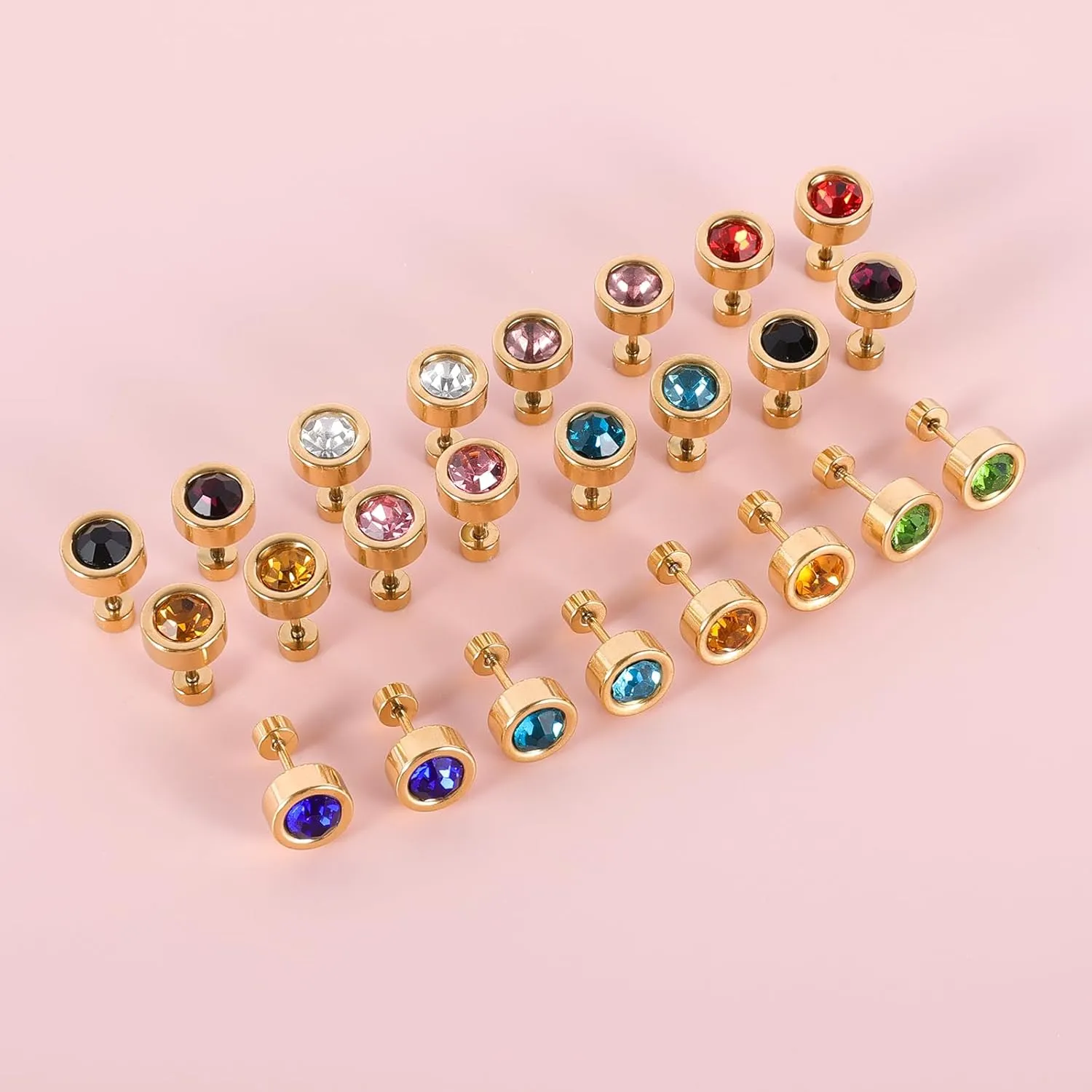 12 Pairs Surgical Stainless Steel Flat Back Birthstone Cubic Zirconia Stud Earrings, Gold Plated Screw Back Round Star Heart Flower Hexagon Triangle CZ Stud Earrings Set