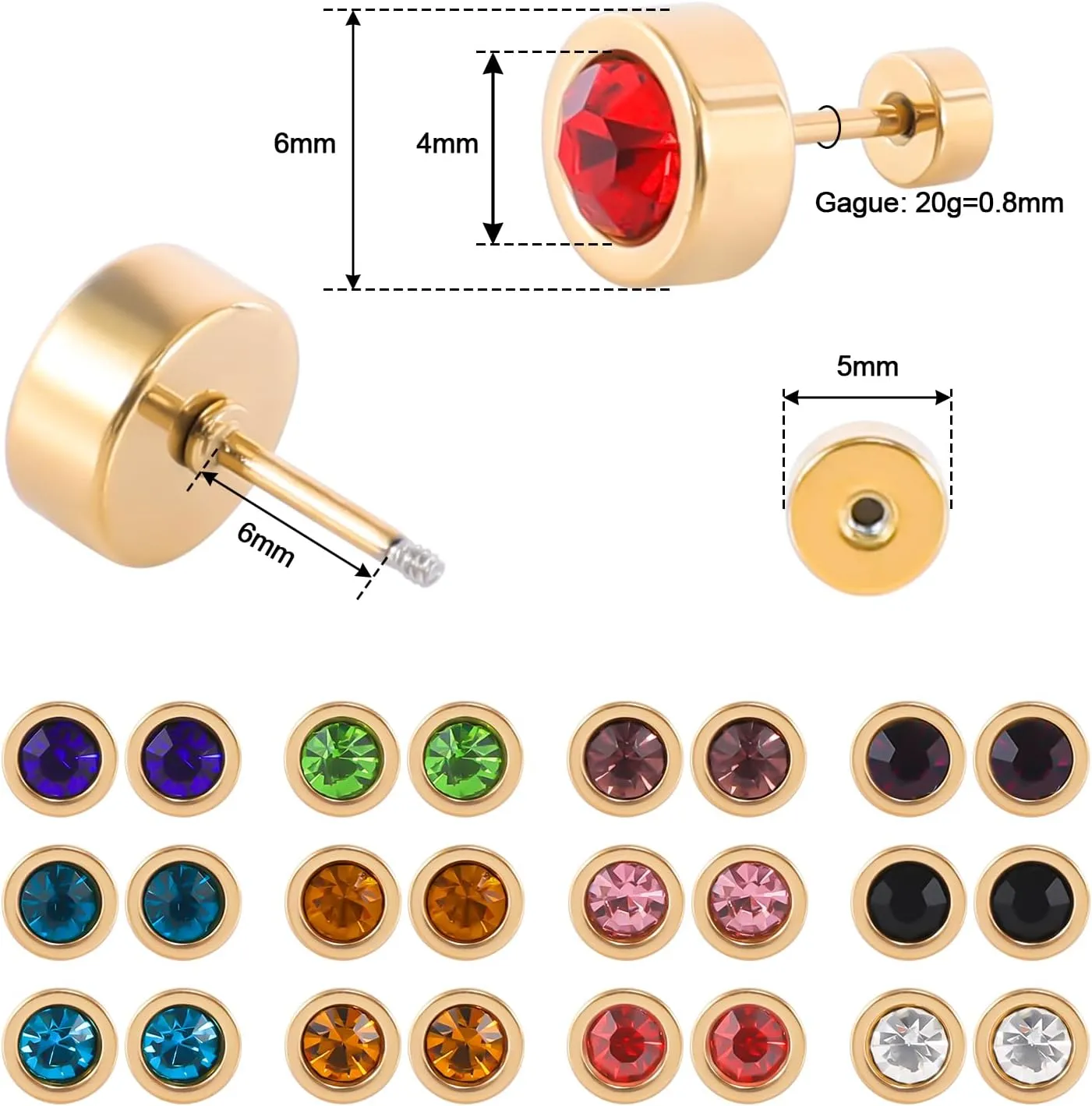12 Pairs Surgical Stainless Steel Flat Back Birthstone Cubic Zirconia Stud Earrings, Gold Plated Screw Back Round Star Heart Flower Hexagon Triangle CZ Stud Earrings Set
