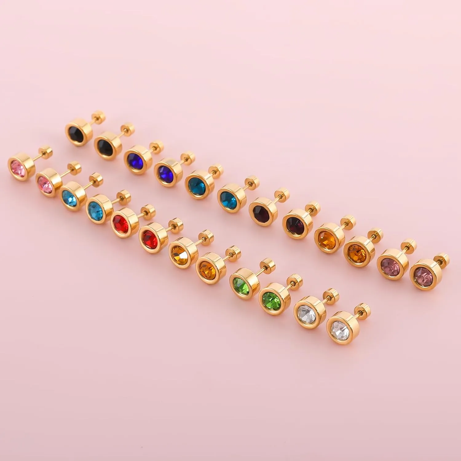 12 Pairs Surgical Stainless Steel Flat Back Birthstone Cubic Zirconia Stud Earrings, Gold Plated Screw Back Round Star Heart Flower Hexagon Triangle CZ Stud Earrings Set