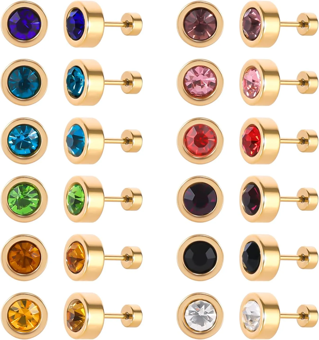12 Pairs Surgical Stainless Steel Flat Back Birthstone Cubic Zirconia Stud Earrings, Gold Plated Screw Back Round Star Heart Flower Hexagon Triangle CZ Stud Earrings Set