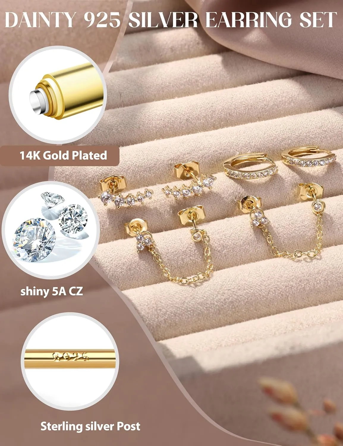 14K Gold Plated 925 Sterling Silver Stud Earrings for Women | Hypoallergenic Cartilage Earrings for Sensitive Ears | Dainty Small Studs Hoop Earring Stacks Set 20G Helix Tragus Piercing Jewelry