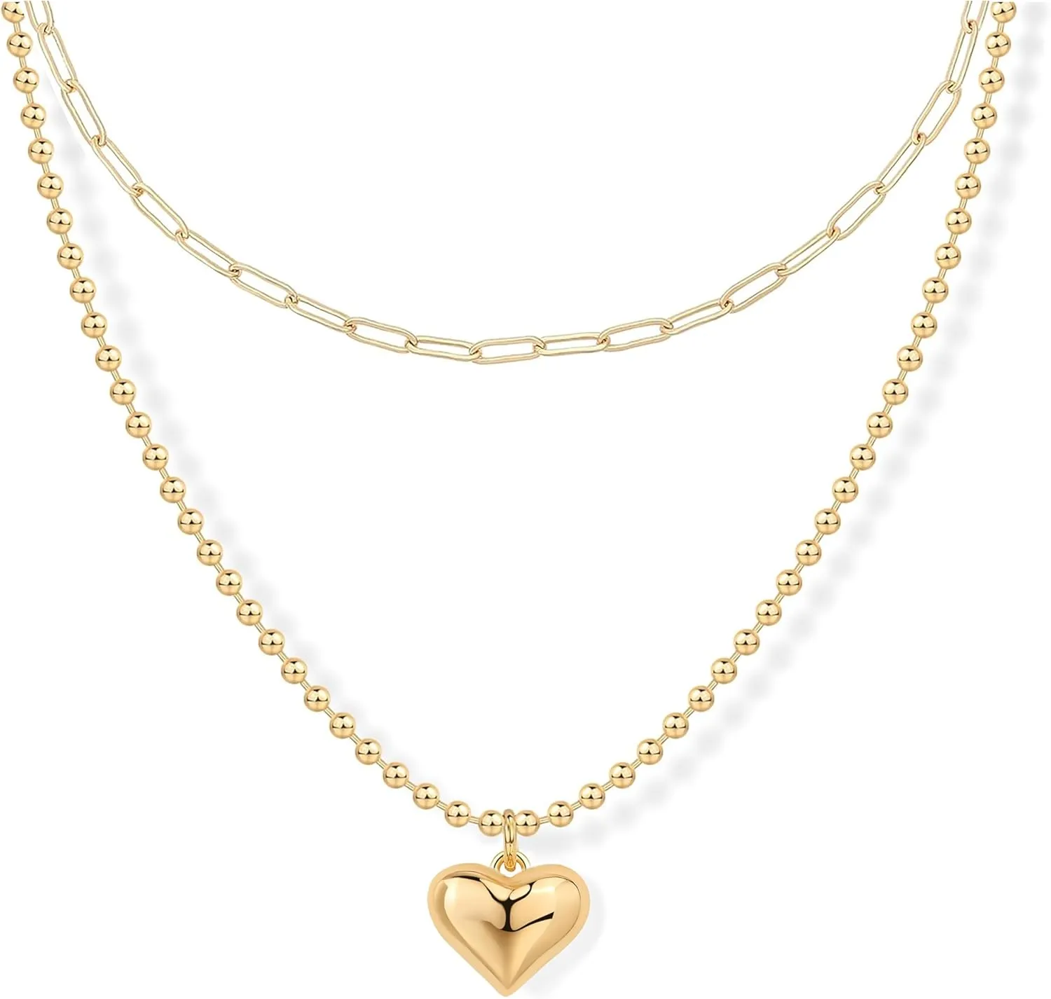 14K Gold Plated Dainty Necklace for Women - Layered Stackable Heart Disc Pendant Paperclip Chain Choker Necklace, Minimalist Jewelry Gift for Her