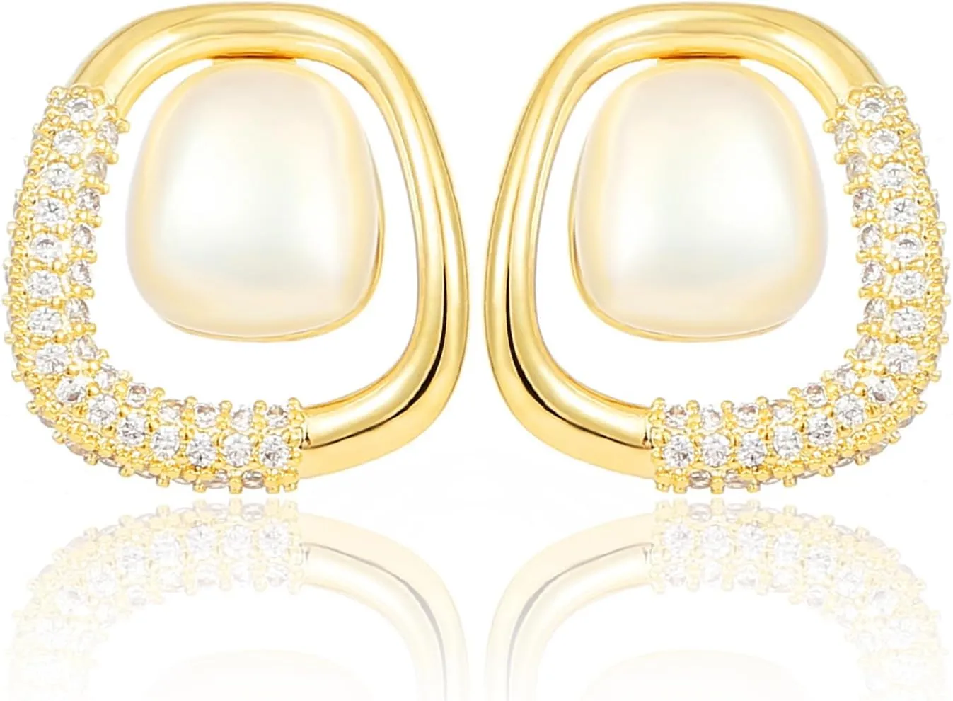 14K Gold Plated Shell Pearl Rhinestone Stud Earrings for Women Jewelry