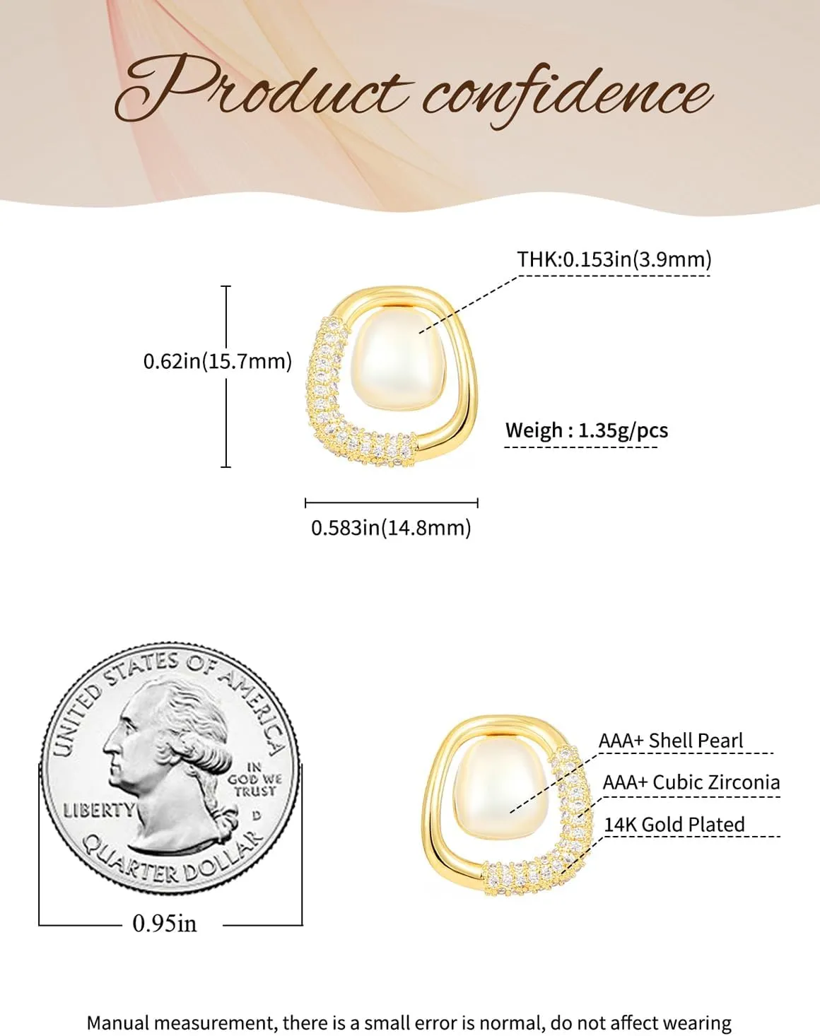 14K Gold Plated Shell Pearl Rhinestone Stud Earrings for Women Jewelry