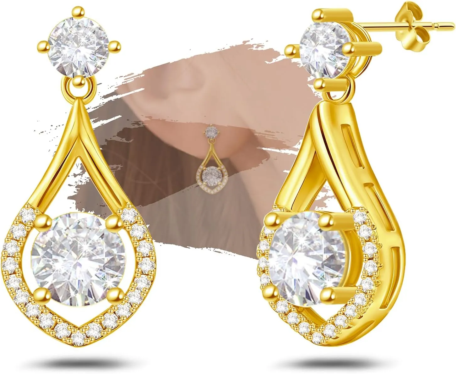 18K Gold Plated Sterling Sliver Waterdrop Hollow Round Stud Earrings for Women Hypoallergenic Lightweight Fashion Charming Teardrop Cubic Zirconia Stud Earrings