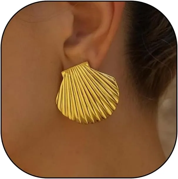 18K Gold Shell Stud Earrings,Dainty Stainless Steel Piercing Drop Earrings, Ocean Beach Bohemian Statement Jewelry Gifts for Women