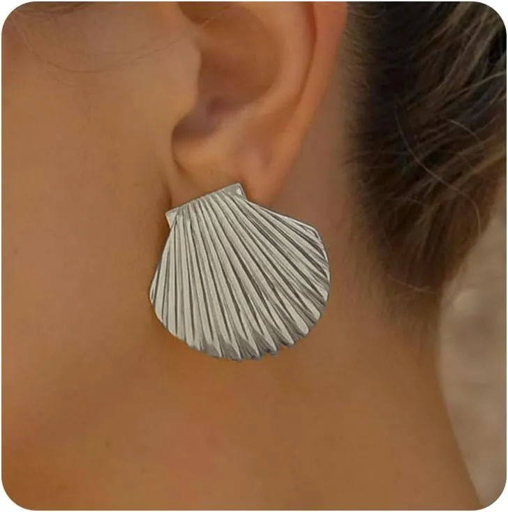 18K Gold Shell Stud Earrings,Dainty Stainless Steel Piercing Drop Earrings, Ocean Beach Bohemian Statement Jewelry Gifts for Women