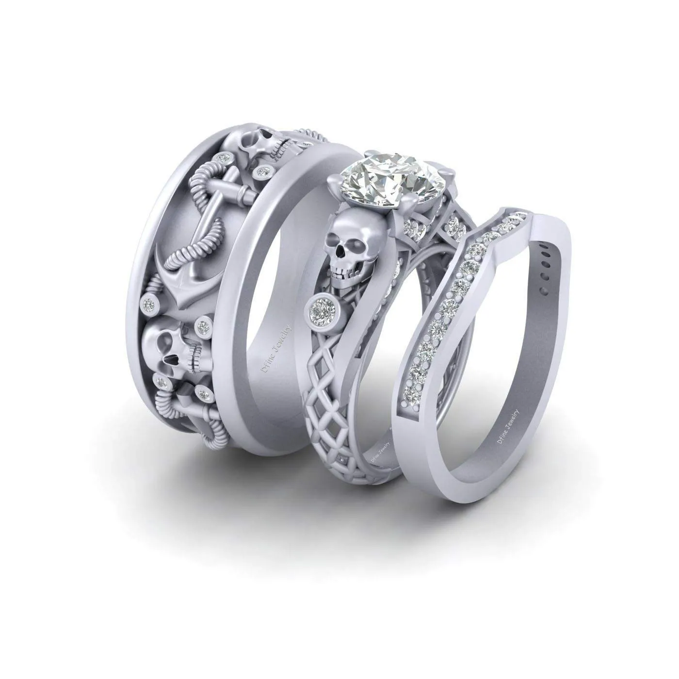 2.55cttw Diamond Skull Engagement Ring Anchor Wedding Band Set Matching Skull Couple Rings Solid 925 Sterling Silver