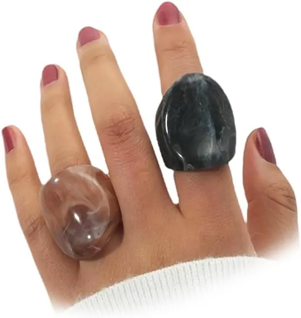 2Pcs Acrylic Candy Geometric Rings for Women, Chunky Resin Wide Band Dome Knuckle Rings Set Thick Bold Plastic Statement Rings Stackable Y2k Jewelry