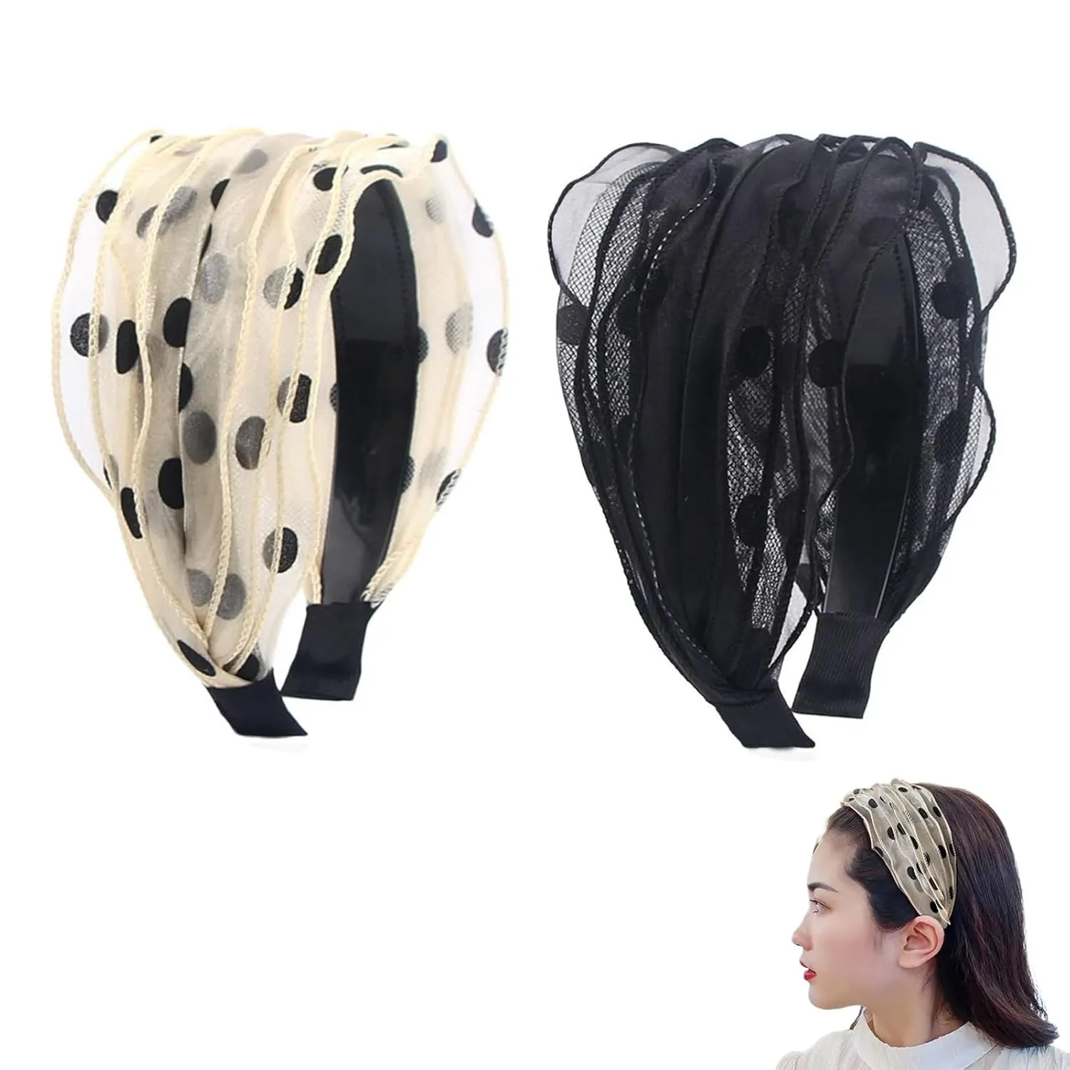 2Pcs Mesh Wave Point Wide Brimmed Headband, Non-Slip Hair Hoop Temperament Wide Edge Wash Face Hairbands Headwear Hair Accessories for Women Girls