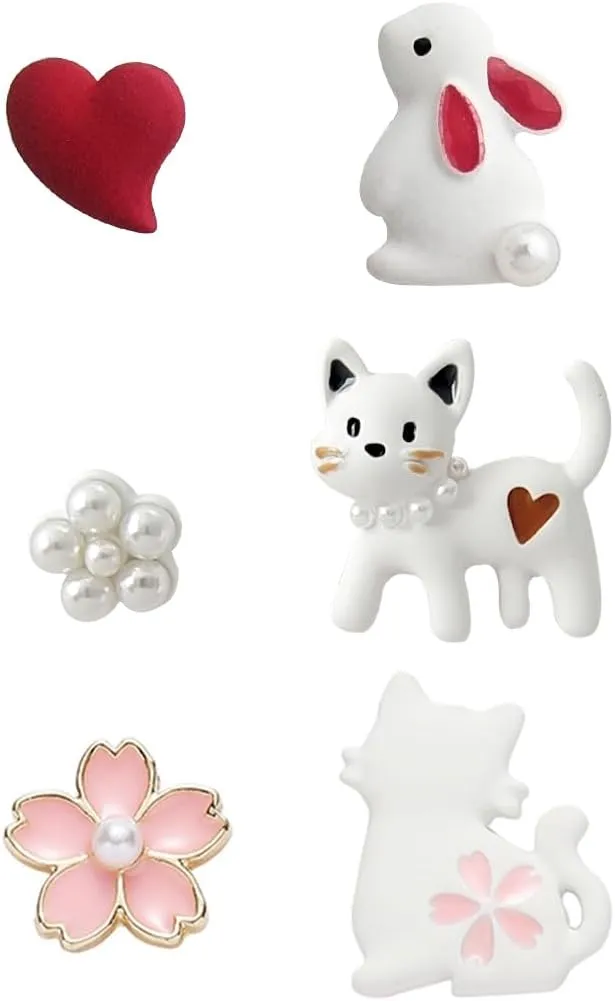 3 Pairs Cute Stud Earrings For Women Anime Sterling Silver Earrings 925 Needle Personalized Studs Asymmetrical Pearl Decor Charms Enamel Flower Cat Rabbit Red Heart Stud Earrings