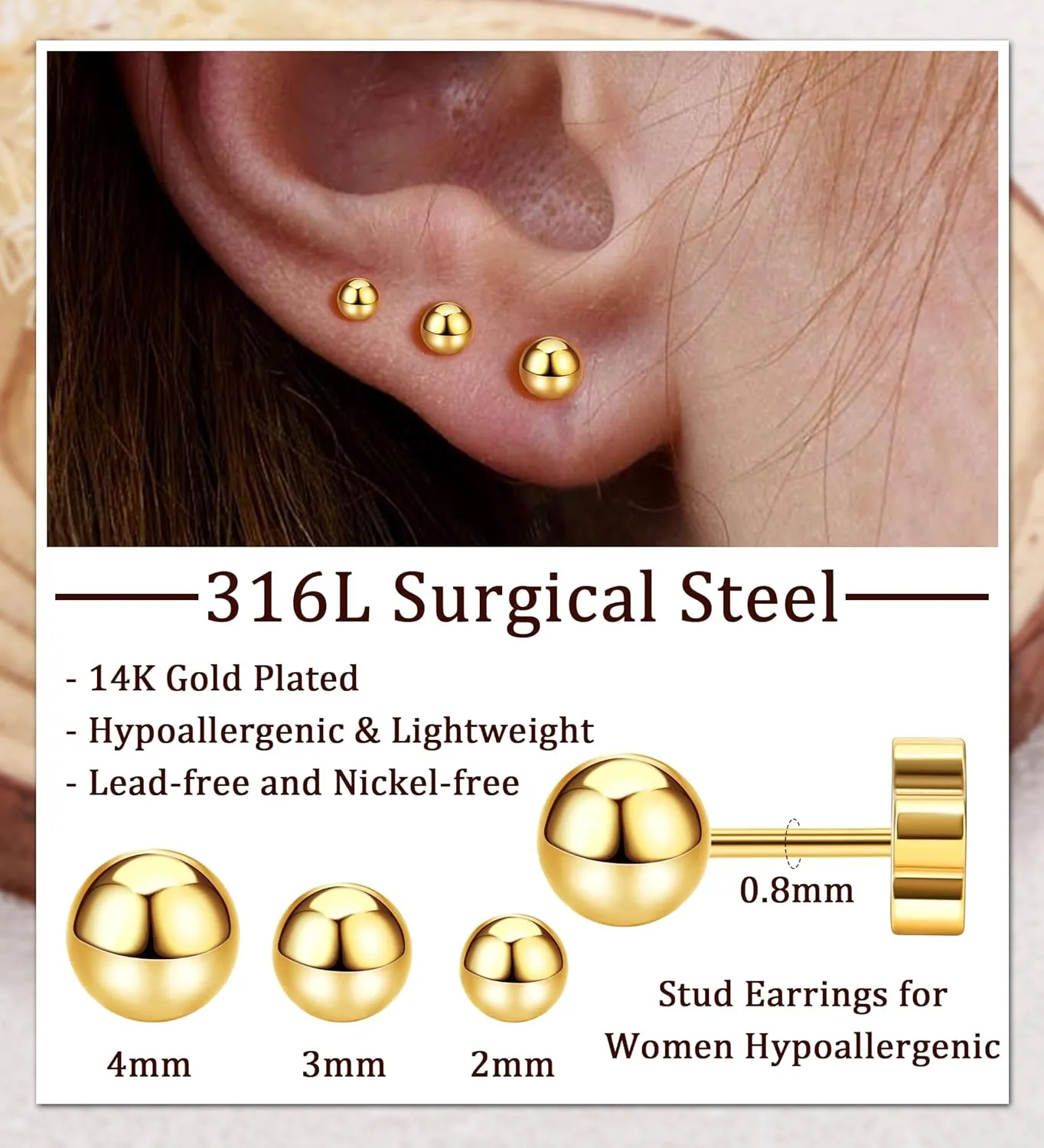3 Pairs Flatback Stud Earrings for Women Girls Ball Cartilage Stud Earrings Set Screw Flower Back Nap Earrings Stainless Steel 14K Gold Earrings Gift for Women