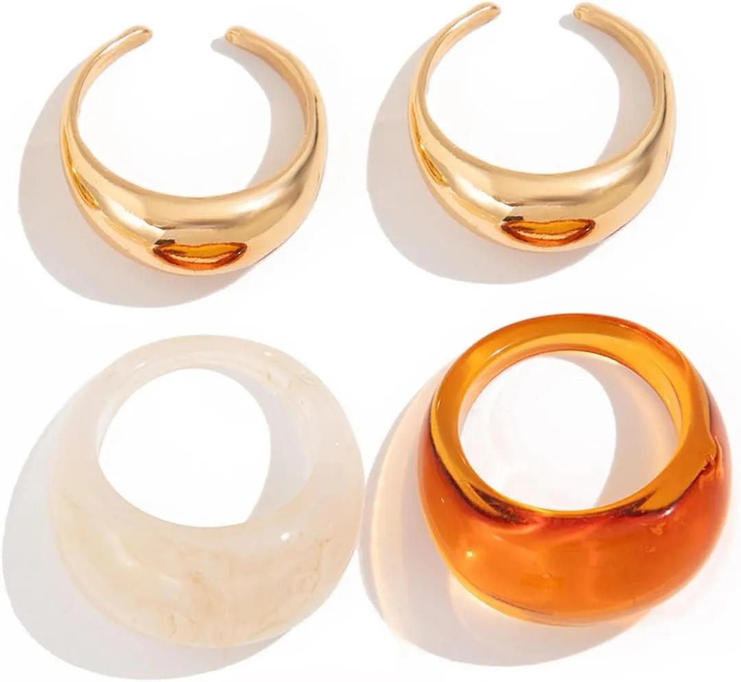 4PC Multicolor Resin Chunky Rings for Women Resin Colorful Wide Thick Dome Knuckle Finger Stackable Gold Ring Transparent Acrylic Adjustable opening Rings Jewelry Gifts for Women
