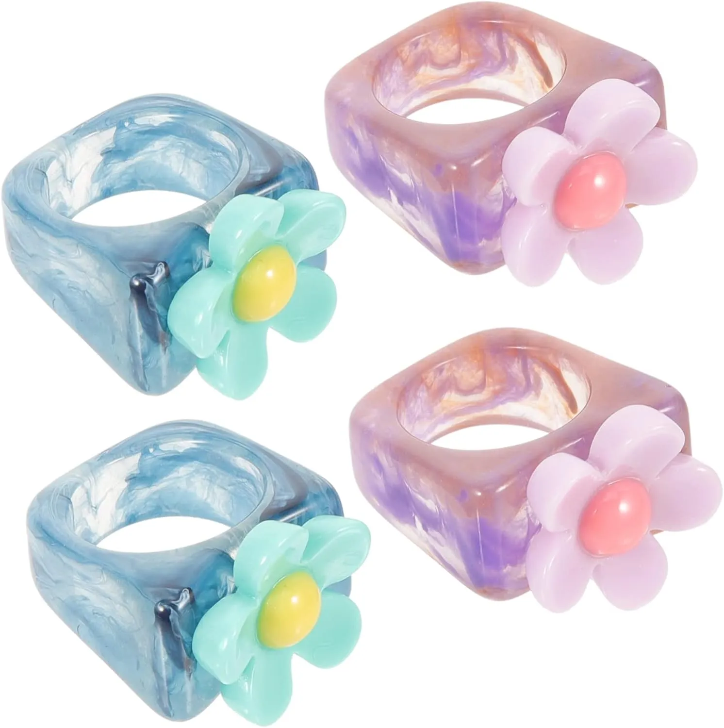 4pcs Resin Finger Rings Stackable Flower Jewelry for Vintage Design Chunky Rings for Stylish Looks and Elegant Hands