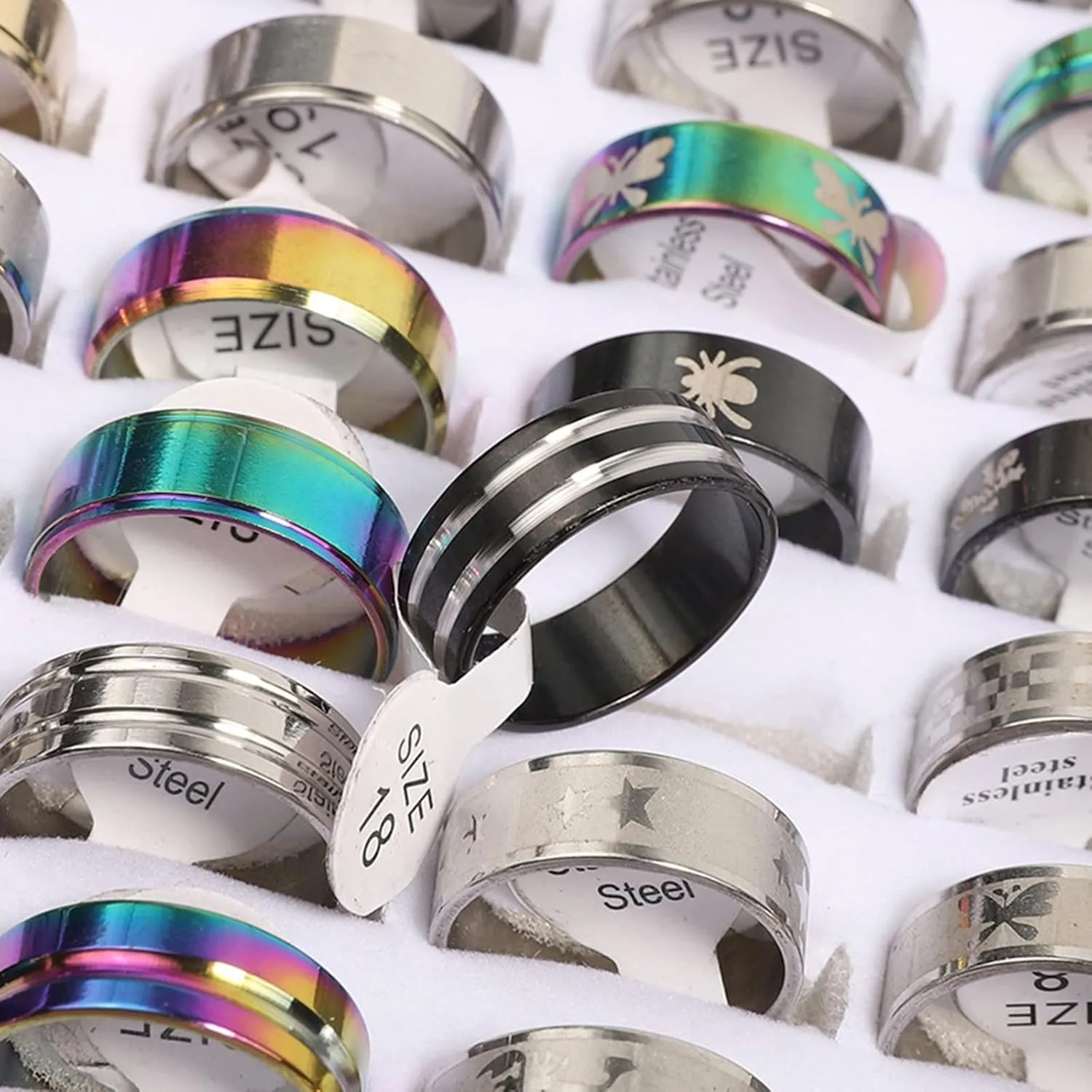 50Pcs Fashion Stainless Heart Rings For Women Men Mix Style Jewelry Resin Size 5