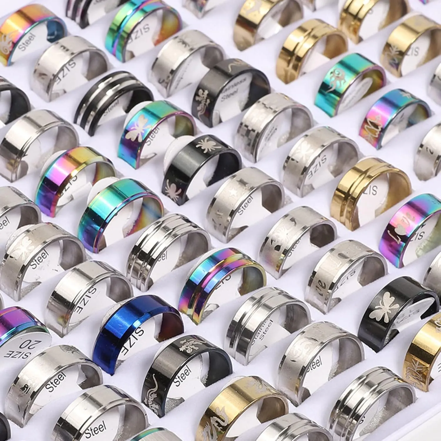 50Pcs Fashion Stainless Heart Rings For Women Men Mix Style Jewelry Resin Size 5