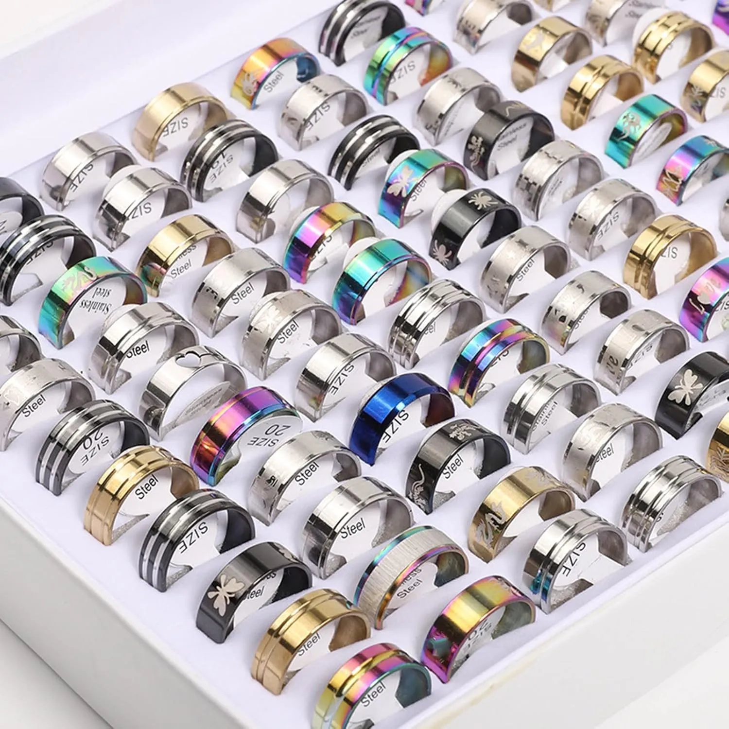 50Pcs Fashion Stainless Heart Rings For Women Men Mix Style Jewelry Resin Size 5
