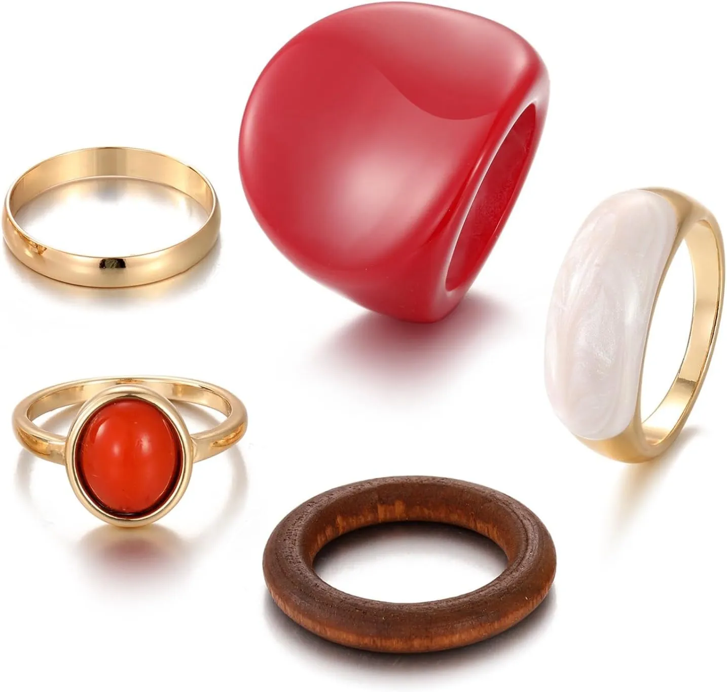 5Pcs Red Acrylic Resin Rings for Women,Vintage Wide Thick Round Rings Set Wide Thick Dome Knuckle Finger Stackable Joint Ring Jewelry Party Elegant Handmade Gift