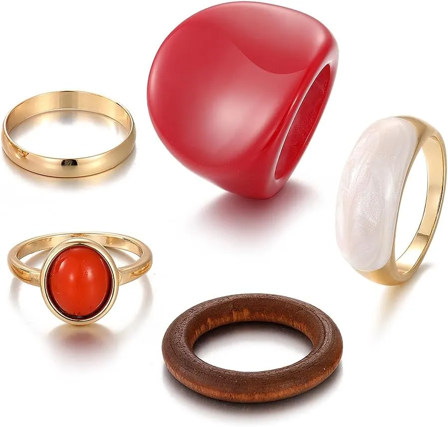 5Pcs Stackable Red Resin Knuckle Rings Set for Women, Chunky Large Wide Band Dome Rings Colorful Acrylic Thick Round Finger Joint Rings Jewelry Set