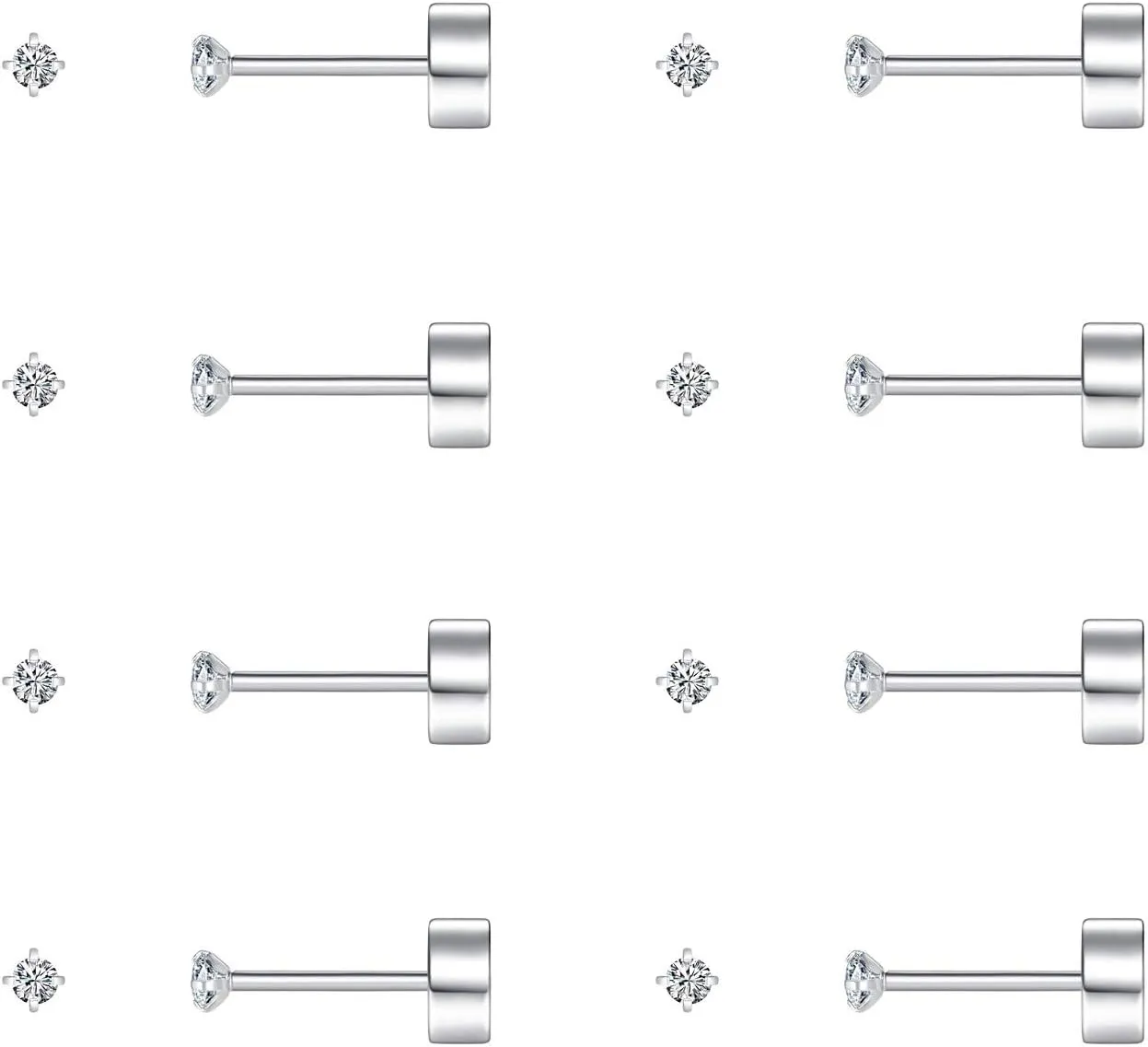 8 Pairs Tiny Flat Back Earrings for Women Men 14K Gold Plated Surgical Stainless Steel Stud Earrings Cubic Zirconia Cartilage Earring Hypoallergenic Piercing Jewelry, 2mm 3mm 4mm