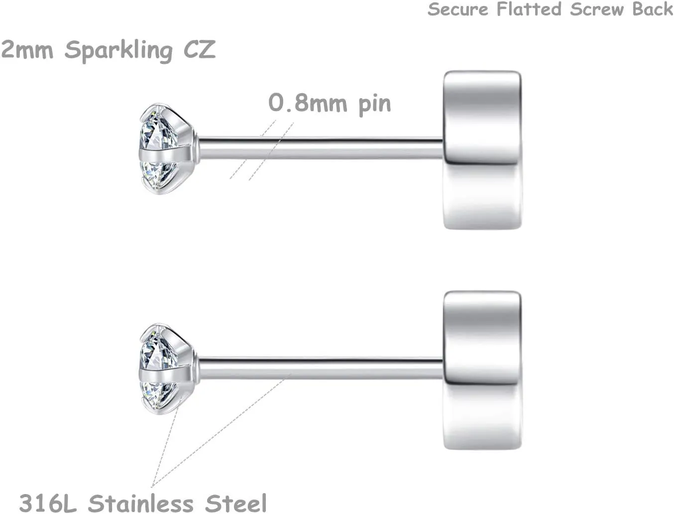 8 Pairs Tiny Flat Back Earrings for Women Men 14K Gold Plated Surgical Stainless Steel Stud Earrings Cubic Zirconia Cartilage Earring Hypoallergenic Piercing Jewelry, 2mm 3mm 4mm