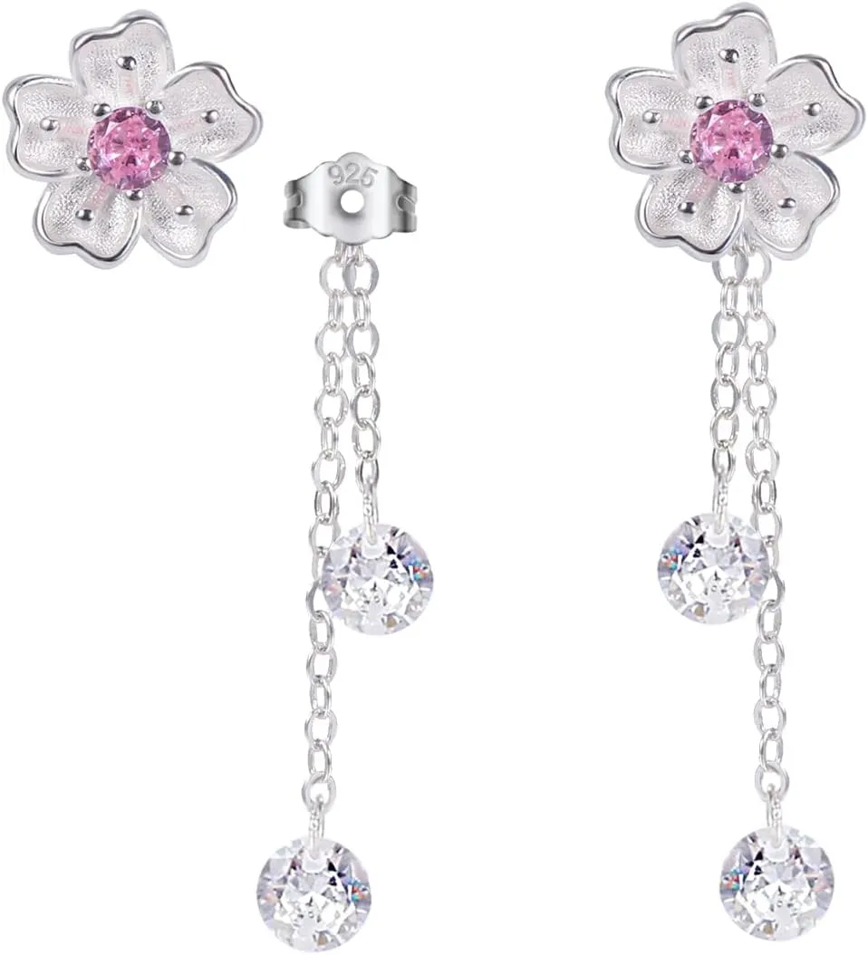 925 Sterling Silver Flower Stud Earrings for Women,2 in 1 Pink CZ Cherry Blossoms Earrings Cute Dainty Drops earrings Lightweight Hypoallergenic Jewelry Gift Box Included