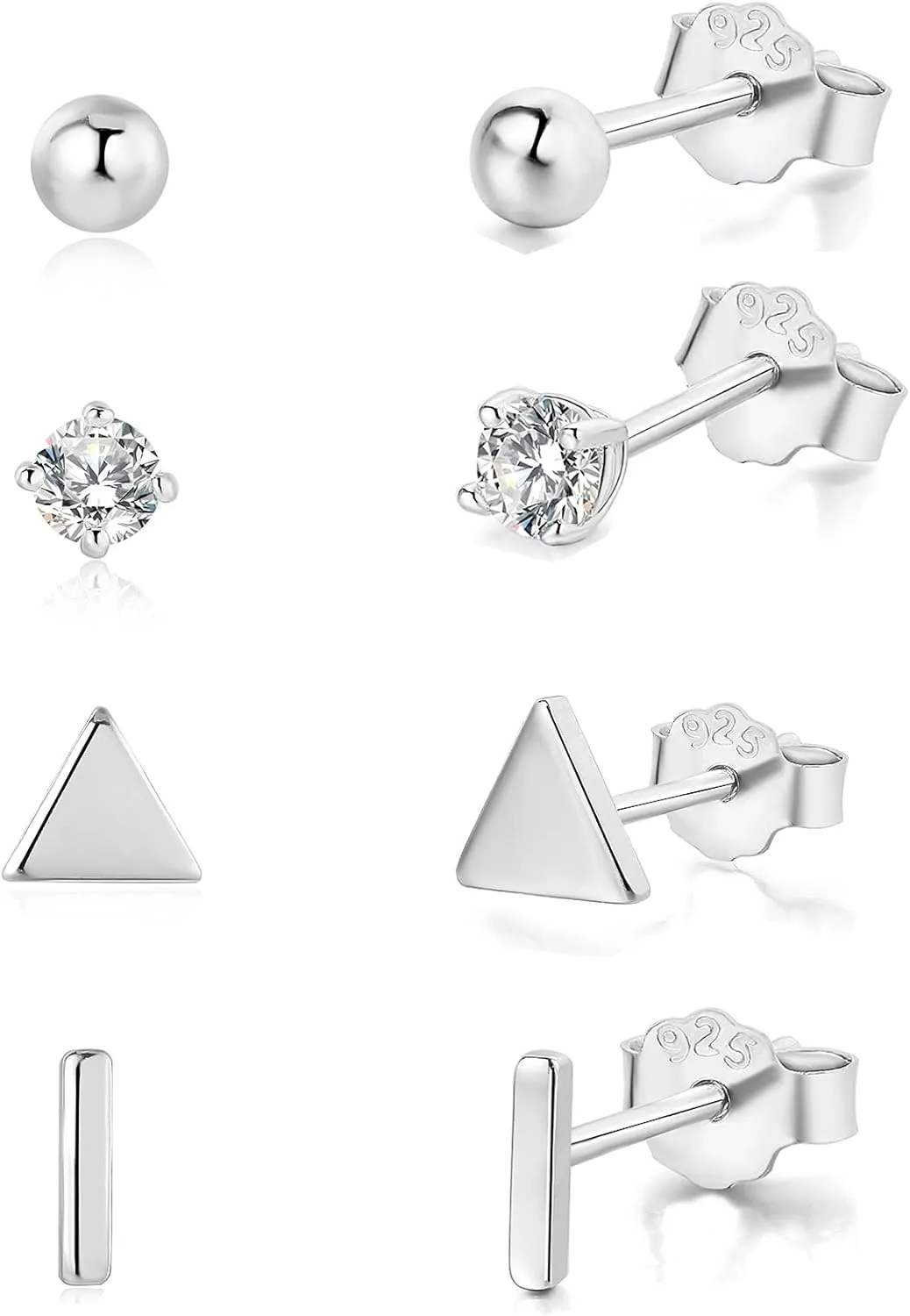 925 Sterling Silver Stud Earrings for Women, 4 Pairs 14K White Gold Plated Hypoallergenic Small Silver Stud Earrings Set for Women Men