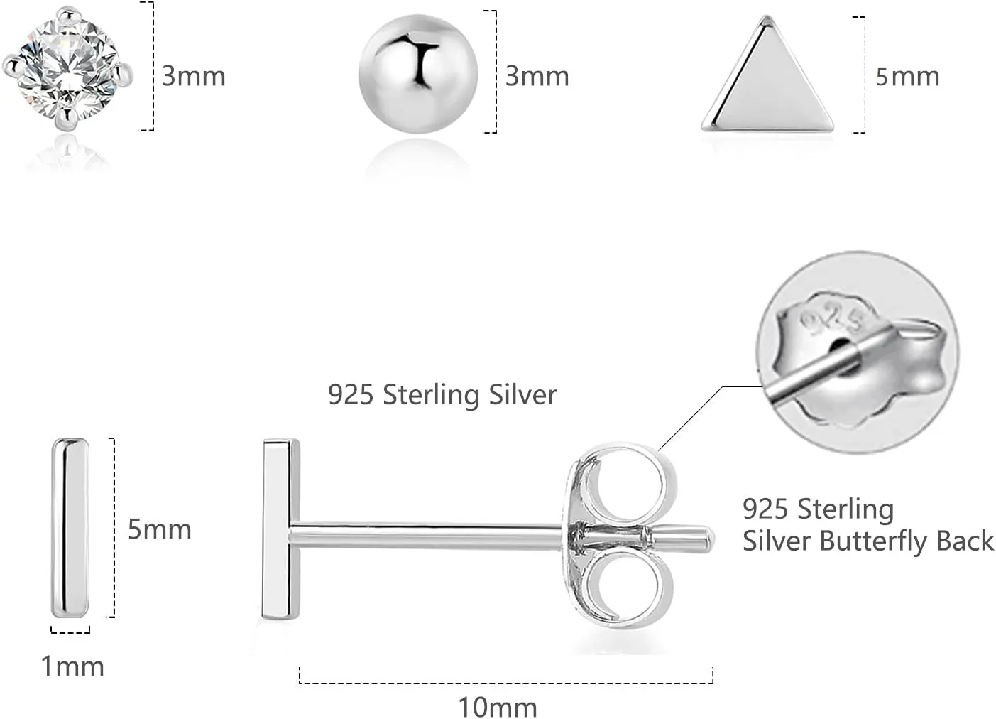 925 Sterling Silver Stud Earrings for Women, 4 Pairs 14K White Gold Plated Hypoallergenic Small Silver Stud Earrings Set for Women Men