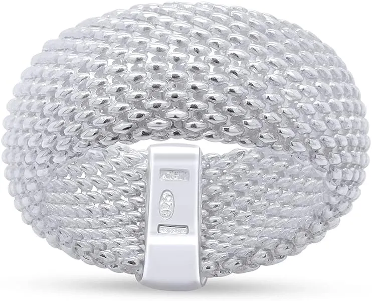 AFFY Domed Comfort Fit Mesh Link Band Ring In 14k White Gold Plated 925 Sterling Silver Jewelry Birthday Gift