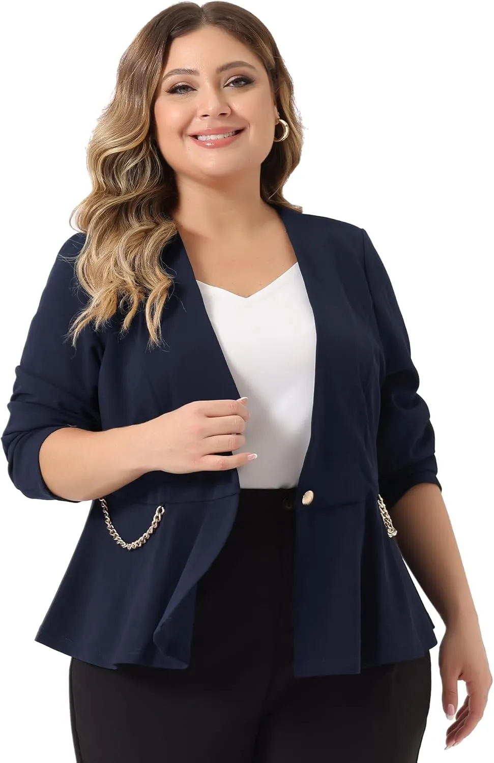 Agnes Orinda Plus Size Blazer for Women Work Button Chain 2023 Office Fashion Jacket Peplum Blazers
