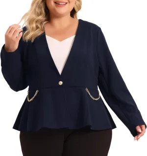 Agnes Orinda Plus Size Blazer for Women Work Button Chain 2023 Office Fashion Jacket Peplum Blazers