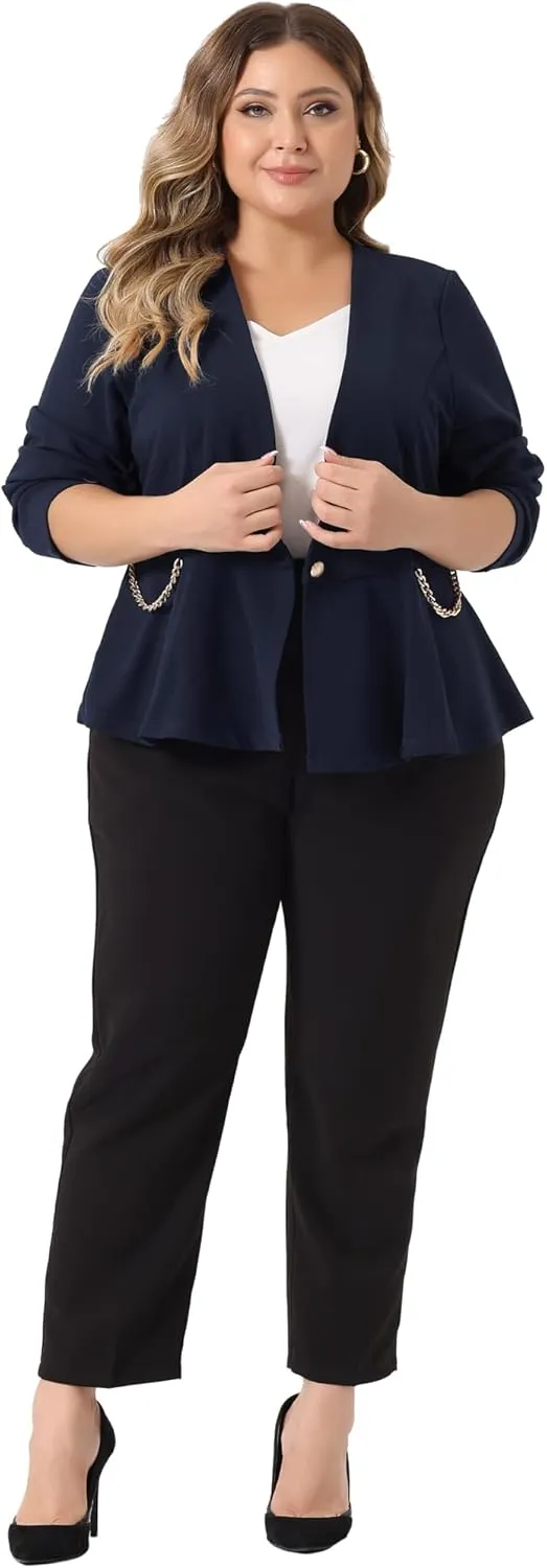 Agnes Orinda Plus Size Blazer for Women Work Button Chain 2023 Office Fashion Jacket Peplum Blazers