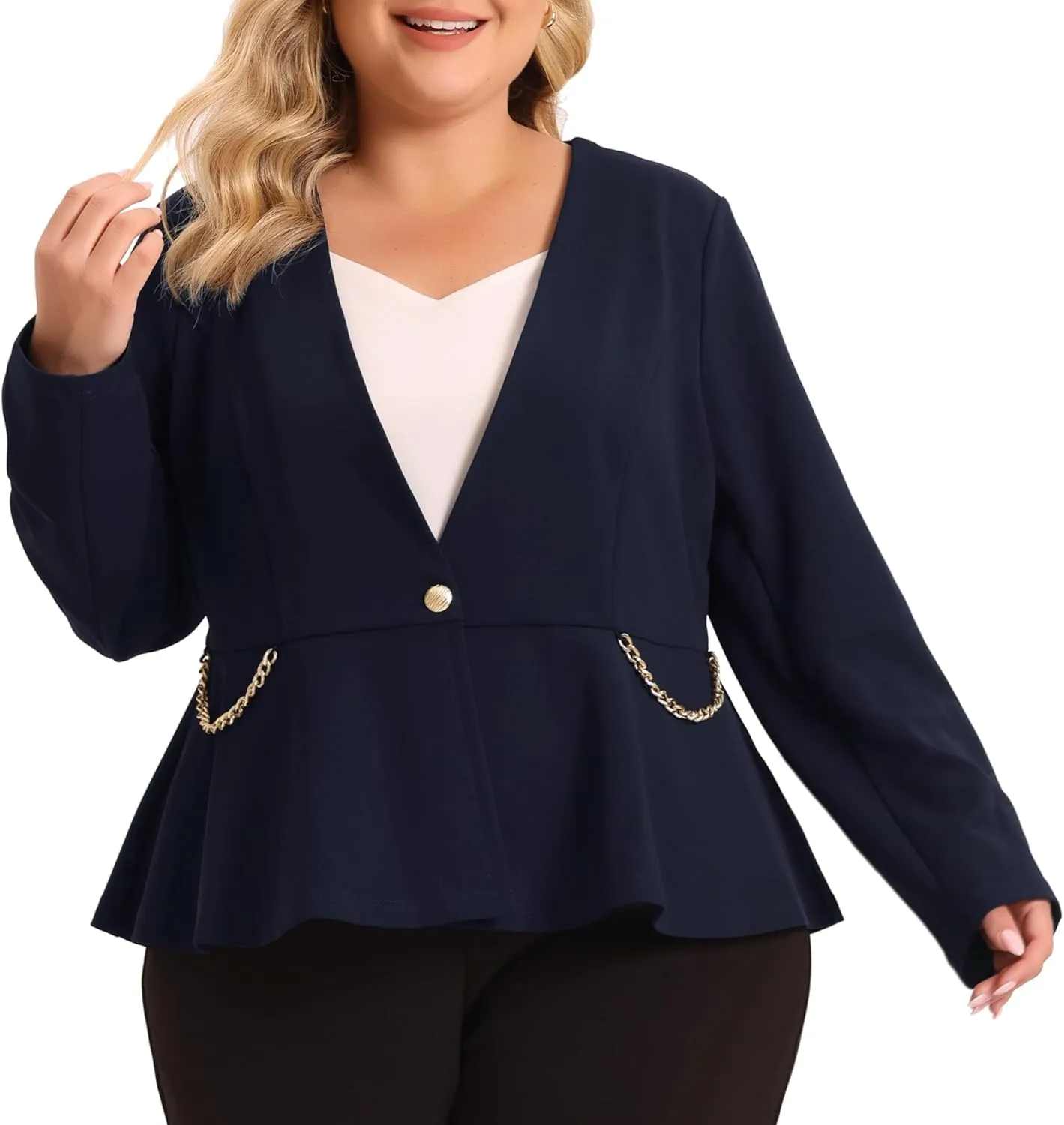 Agnes Orinda Plus Size Blazer for Women Work Button Chain 2023 Office Fashion Jacket Peplum Blazers