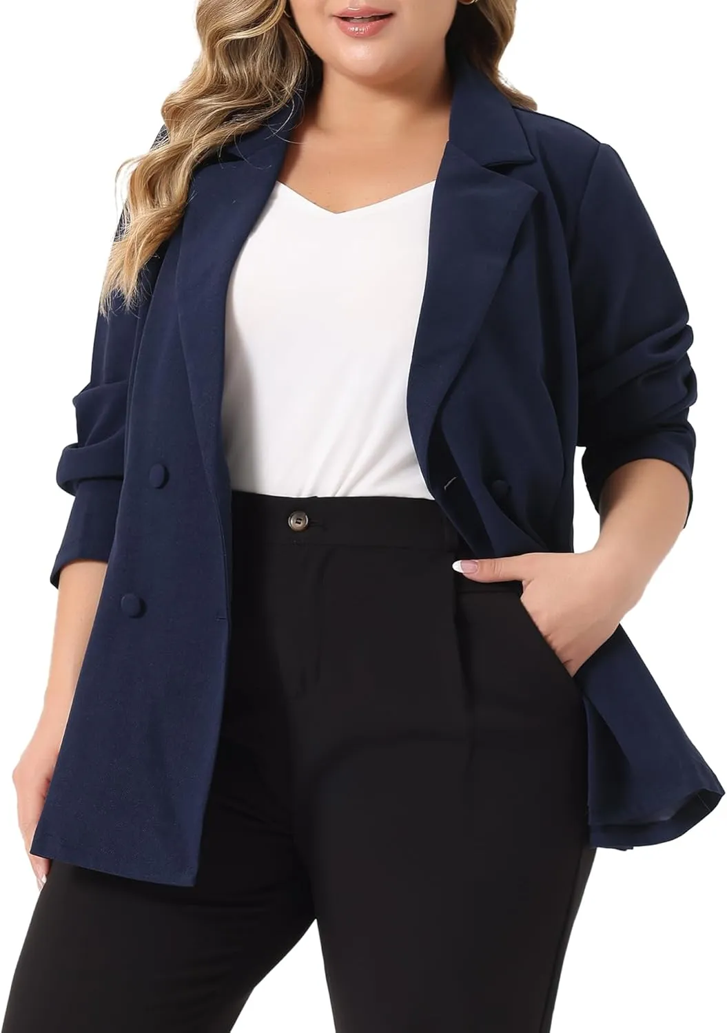 Agnes Orinda Plus Size Women Blazers Lapel Collar Elegant Double Breasted Casual Work Blazers