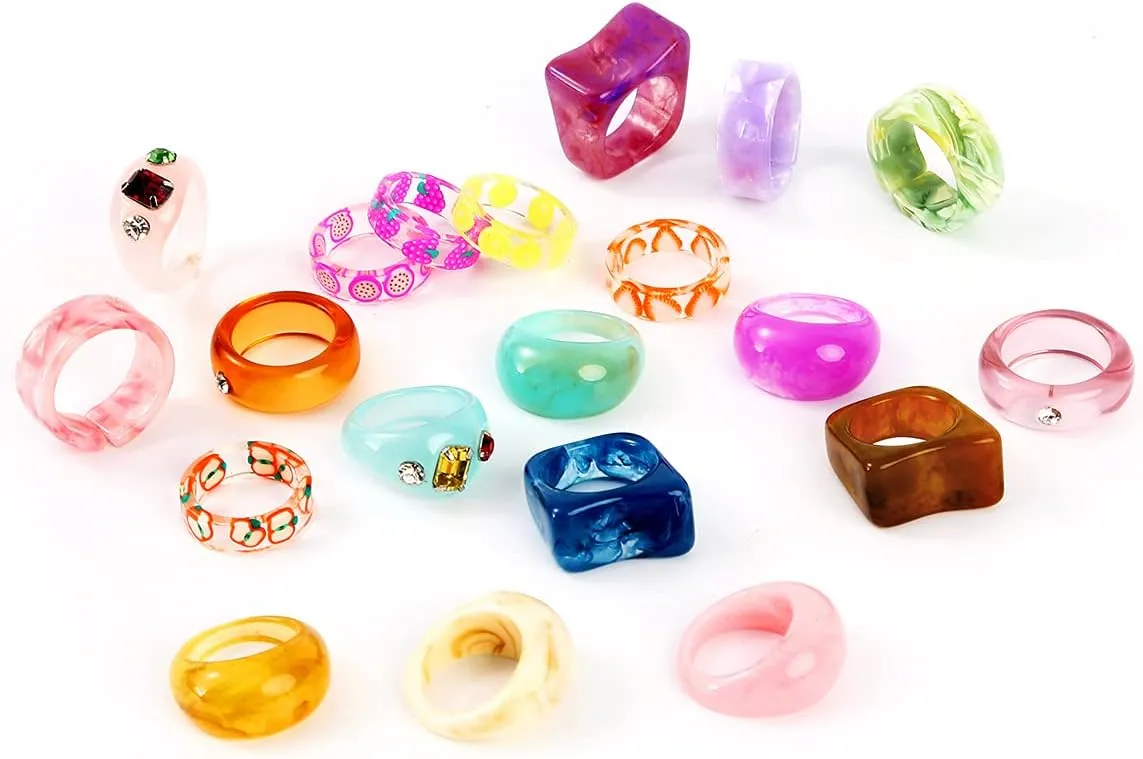 AIDSOTOU 20 Pcs Acrylic Cute Trendy Colorful Rhinestone Stackable Chunky Rings for Women