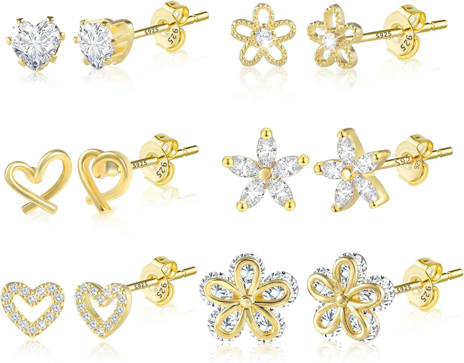 ALEXCRAFT Small Gold Stud Earrings - 6 Pairs Cute Heart Studs for Women - Cubic Zirconia - Hypoallergenic - Pack