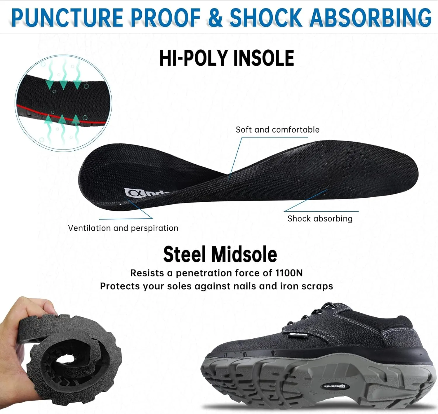 ANDANDA Steel Toe Shoes for Men Indestructible Puncture Proof Work Shoes Lightweight Comfortable Cowhide Upper Steel Toe Work Shoes for Construction Working