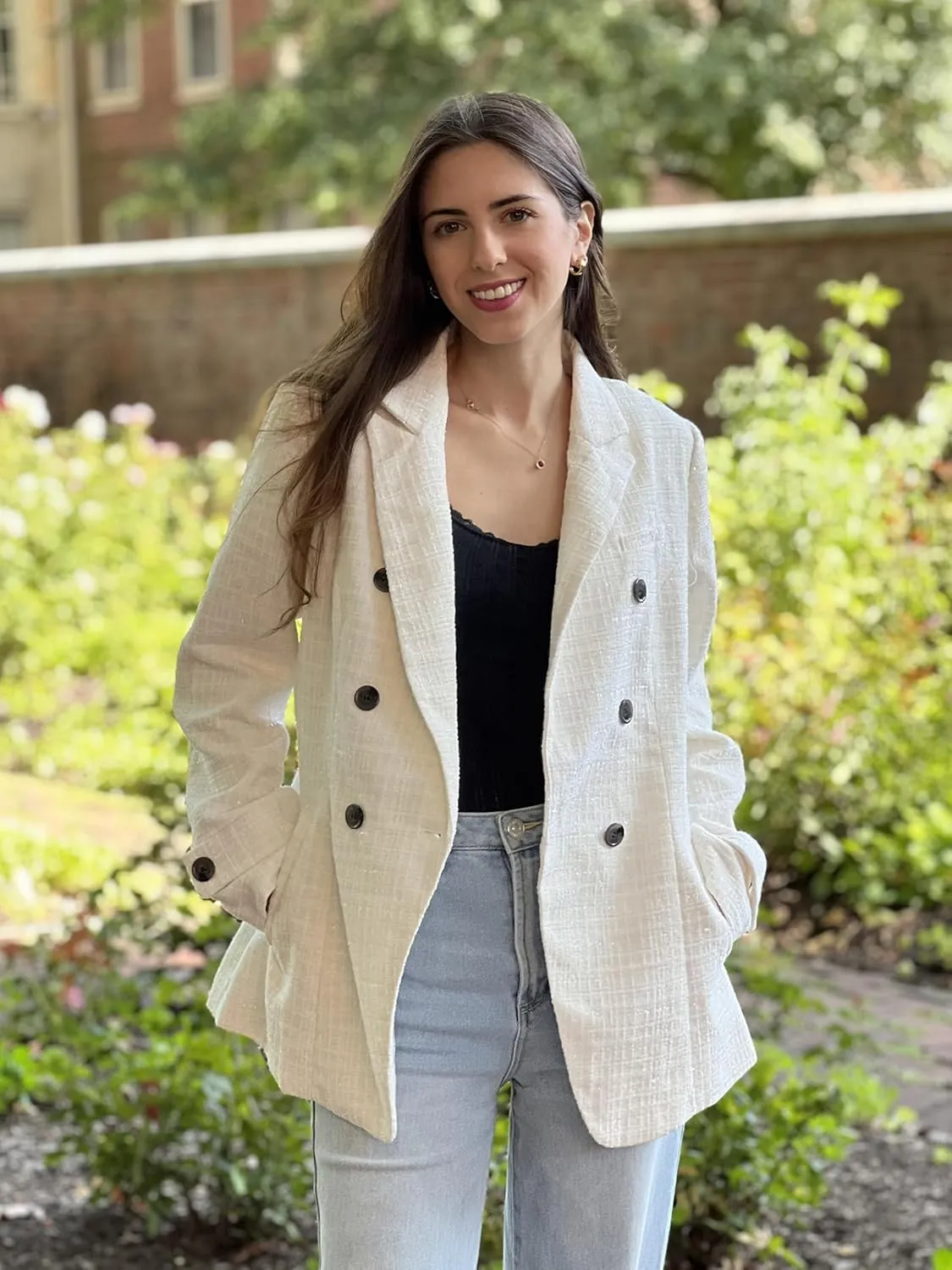 Angashion Womens Tweed Blazer Jackets: Fashion Casual Open Front Elegant Houndstooth Plaid Jacket Coat with Pockets