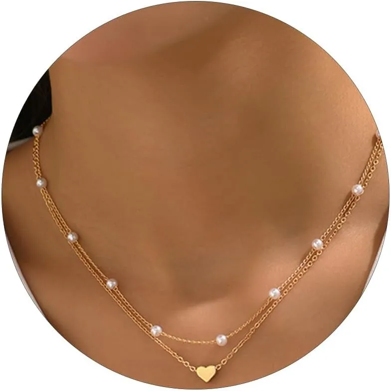 Aonklot Layered Pearl Necklaces for Women Choker Short Heart Pendant Necklace Dainty Collarbone Necklace for Women Jewelry Gifts