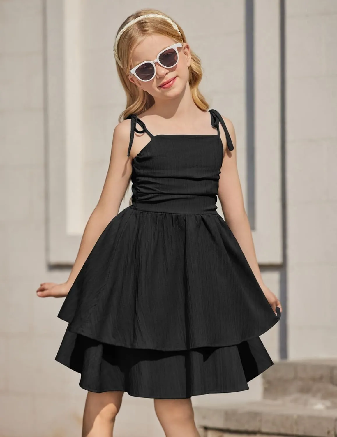 Arshiner Girls Summer Spaghetti Strap Dresses Flowy Tiered Ruched Smocked Back Casual Beach Midi Sundress
