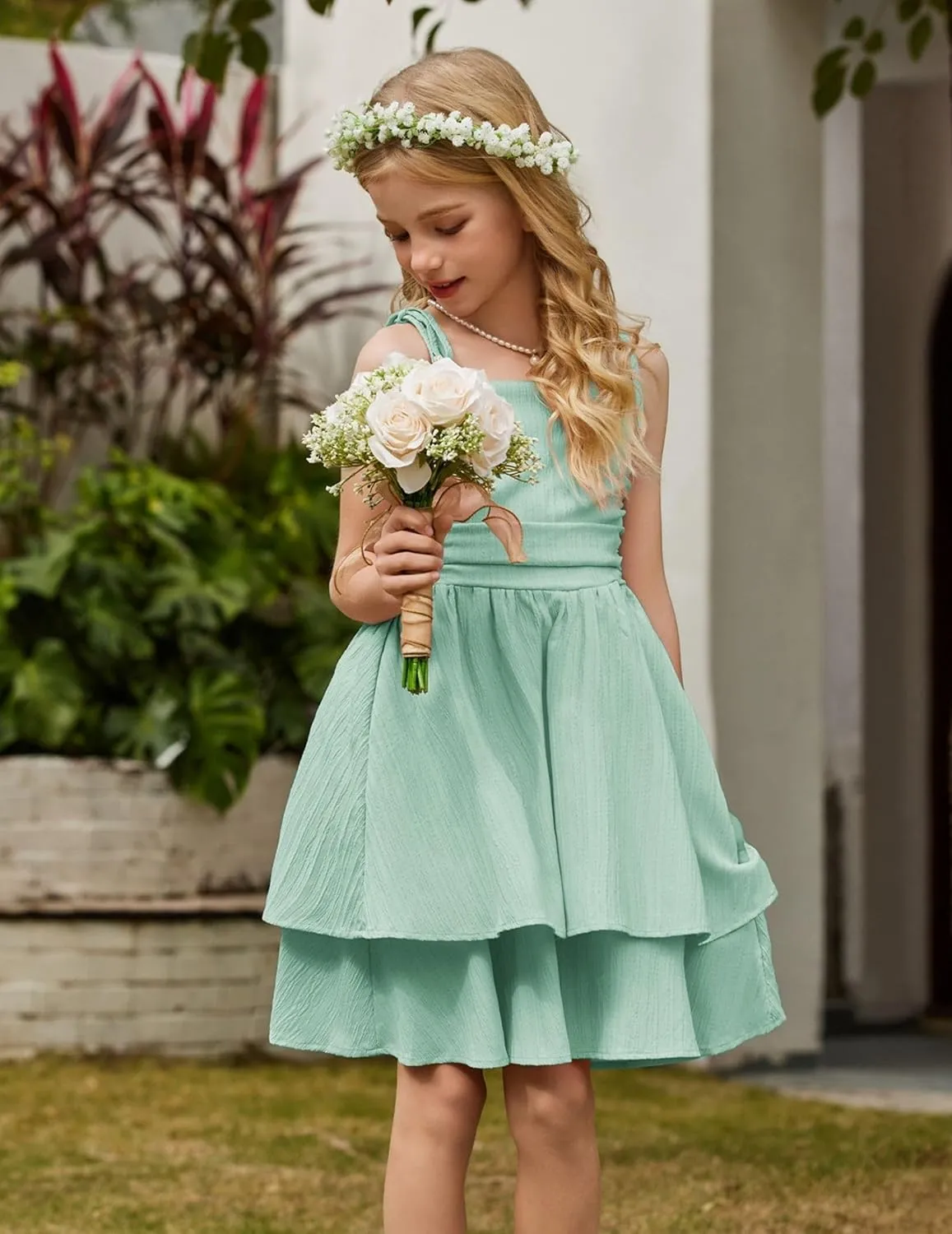 Arshiner Girls Summer Spaghetti Strap Dresses Flowy Tiered Ruched Smocked Back Casual Beach Midi Sundress