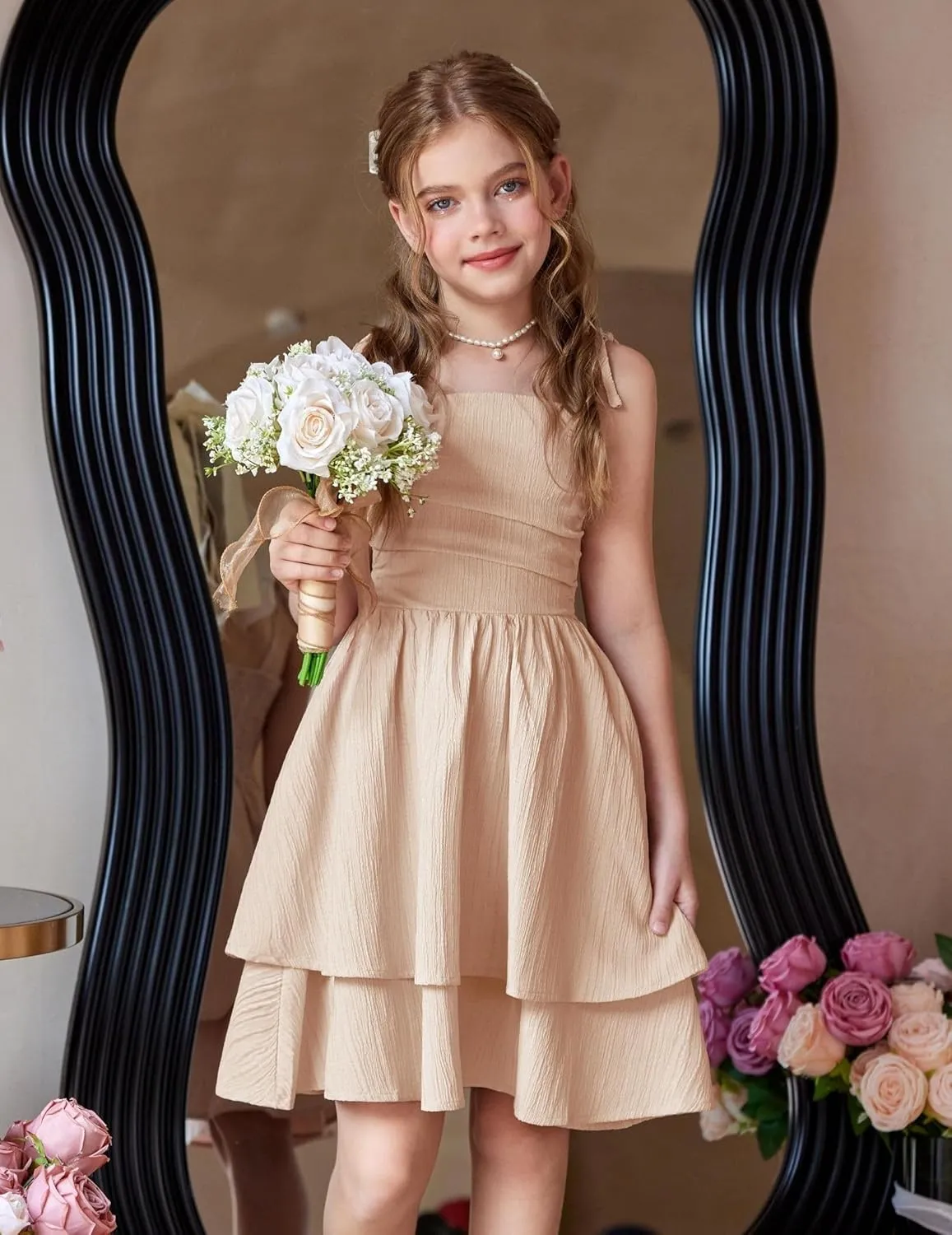 Arshiner Girls Summer Spaghetti Strap Dresses Flowy Tiered Ruched Smocked Back Casual Beach Midi Sundress