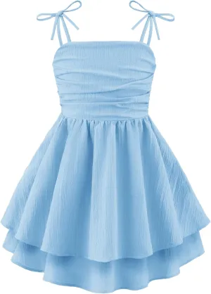 Arshiner Girls Summer Spaghetti Strap Dresses Flowy Tiered Ruched Smocked Back Casual Beach Midi Sundress