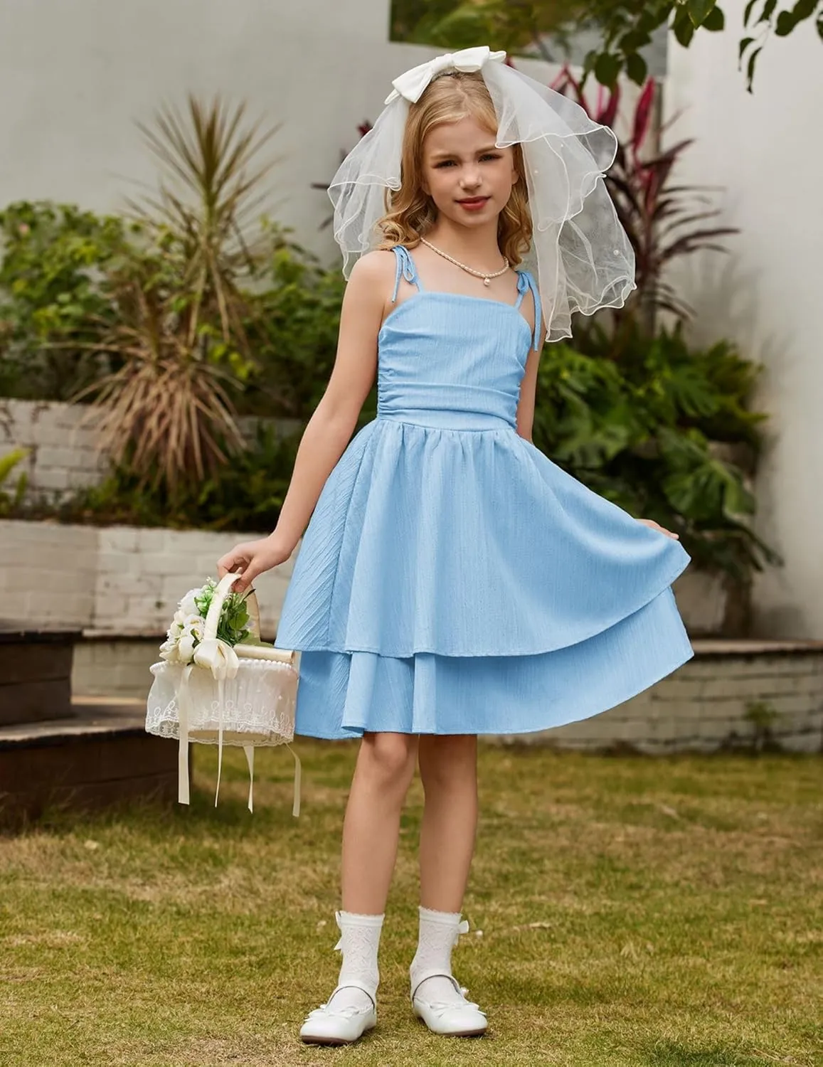 Arshiner Girls Summer Spaghetti Strap Dresses Flowy Tiered Ruched Smocked Back Casual Beach Midi Sundress