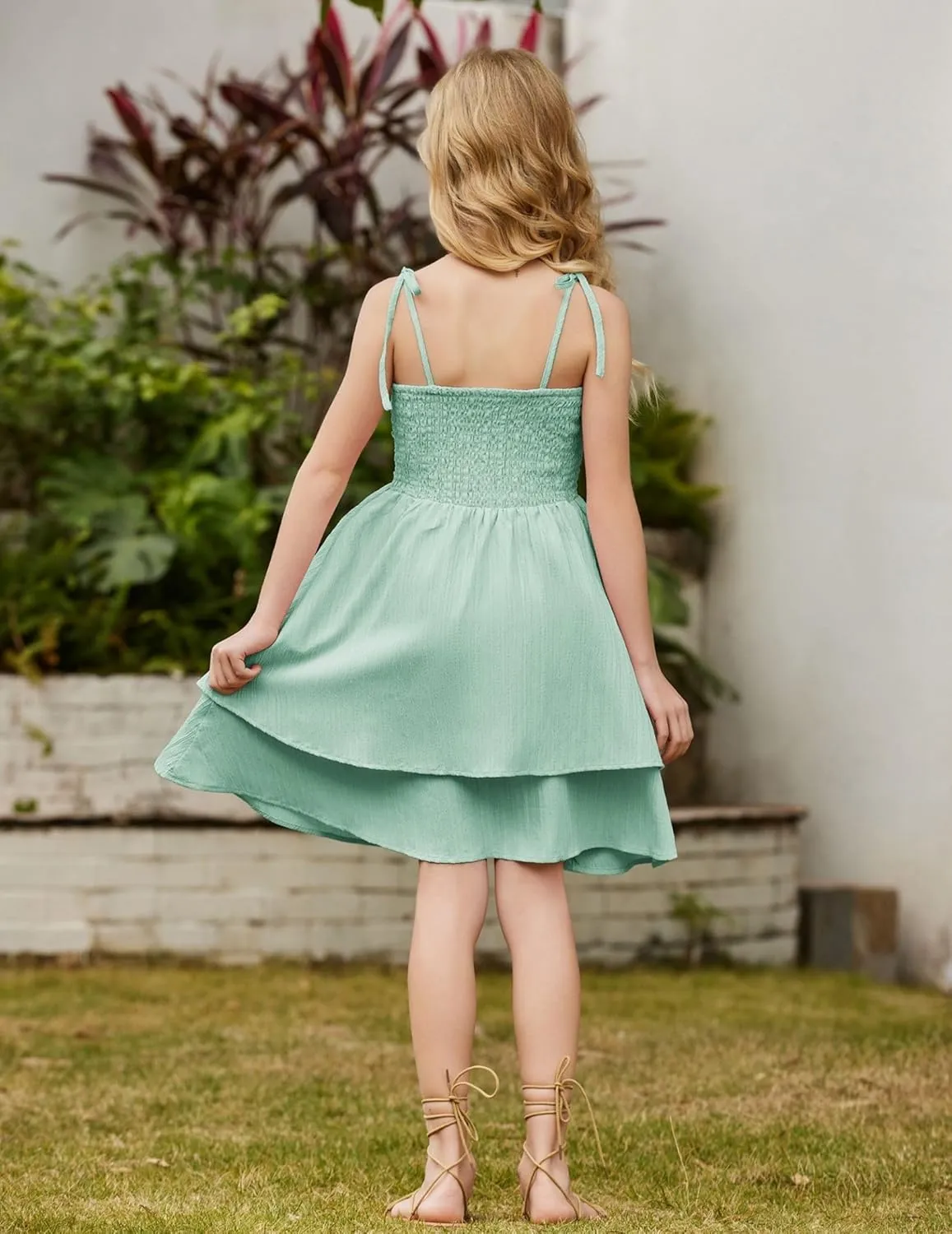 Arshiner Girls Summer Spaghetti Strap Dresses Flowy Tiered Ruched Smocked Back Casual Beach Midi Sundress